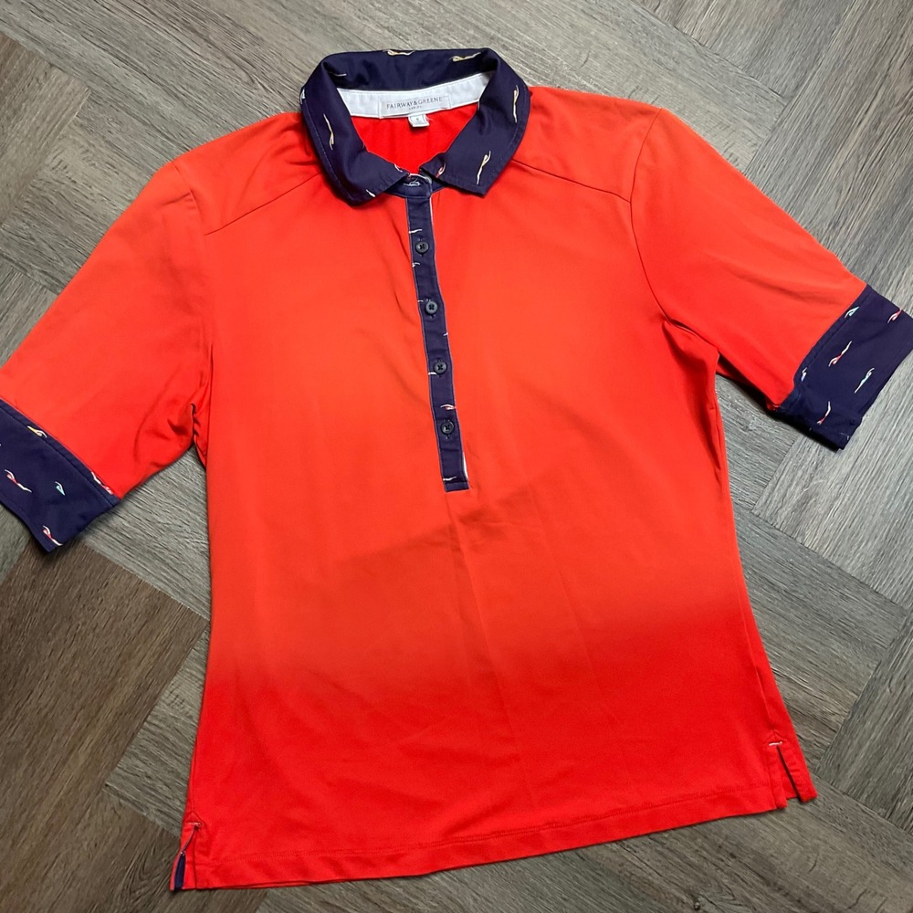 Fairway & Greene Golf Polo Womens Small Ombré Orange Navy Collar‎ Swimmer Print